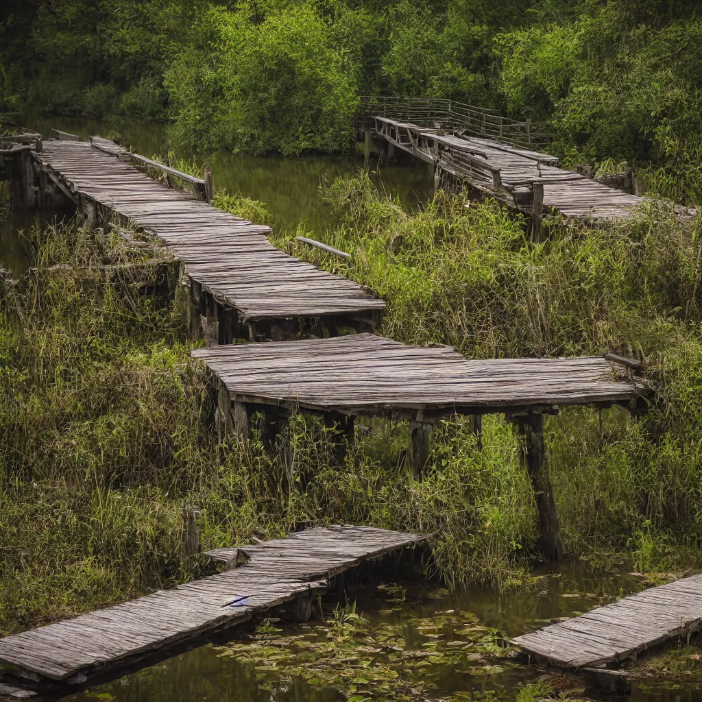 Prompt: old wooden bridge to small very polluted pond, scary, ambient, smoking, shocking, very detailed, 4 k, professional photography