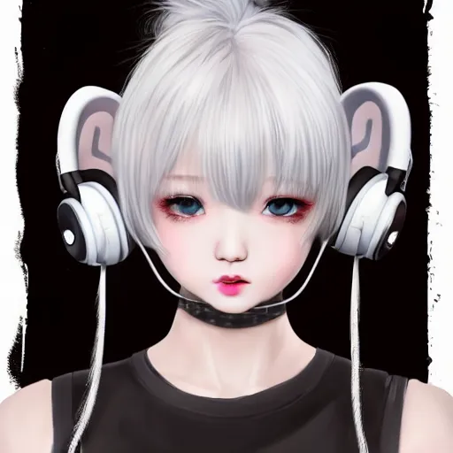 Image similar to realistic detailed semirealism beautiful gorgeous cute Blackpink Lalisa Manoban white hair white cat ears blue eyes, wearing black camisole maid outfit, headphones, black leather choker full HD 4K high resolution quality WLOP, Aztodio, Taejune Kim, Guweiz, Pixiv, Instagram, Artstation