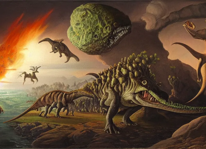 Image similar to earth during the cretaceous – paleogene extinction event, just as the asteroid is colliding with earth, dinosaurs from that era panicing and running in the far background, in the style of hudson river school of art, oil on canvas