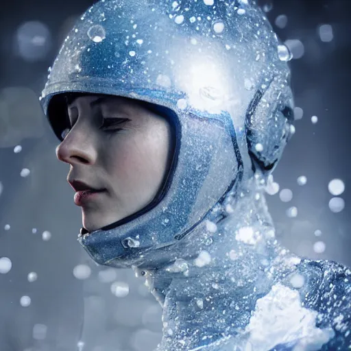 Image similar to futuristic female soldier eyes closed partly submerged in highly viscous clear fluid, frost particles, ice needles, cold blue light, complex hyperdetailed technical suit. white hair flowing. reflection. rays and dispersion of light. volumetric light. 5 0 mm, f / 3 2. noise film photo. ultra realistic, wide angle.