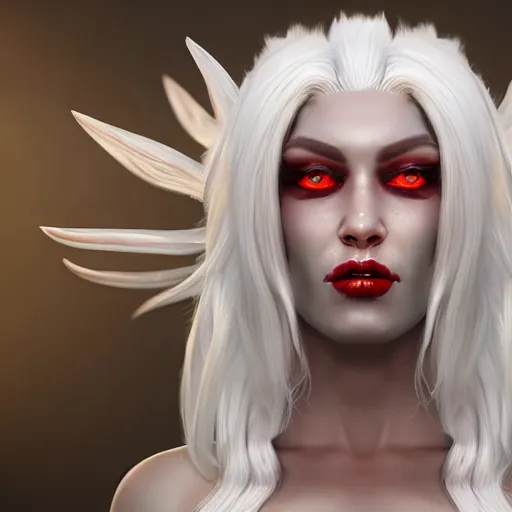 Image similar to a highly detailed portrait of a humanoid demon girl with white hair, red horns, in white clothes, artstation, deviantart, professional, unreal engine 5, photorealistic