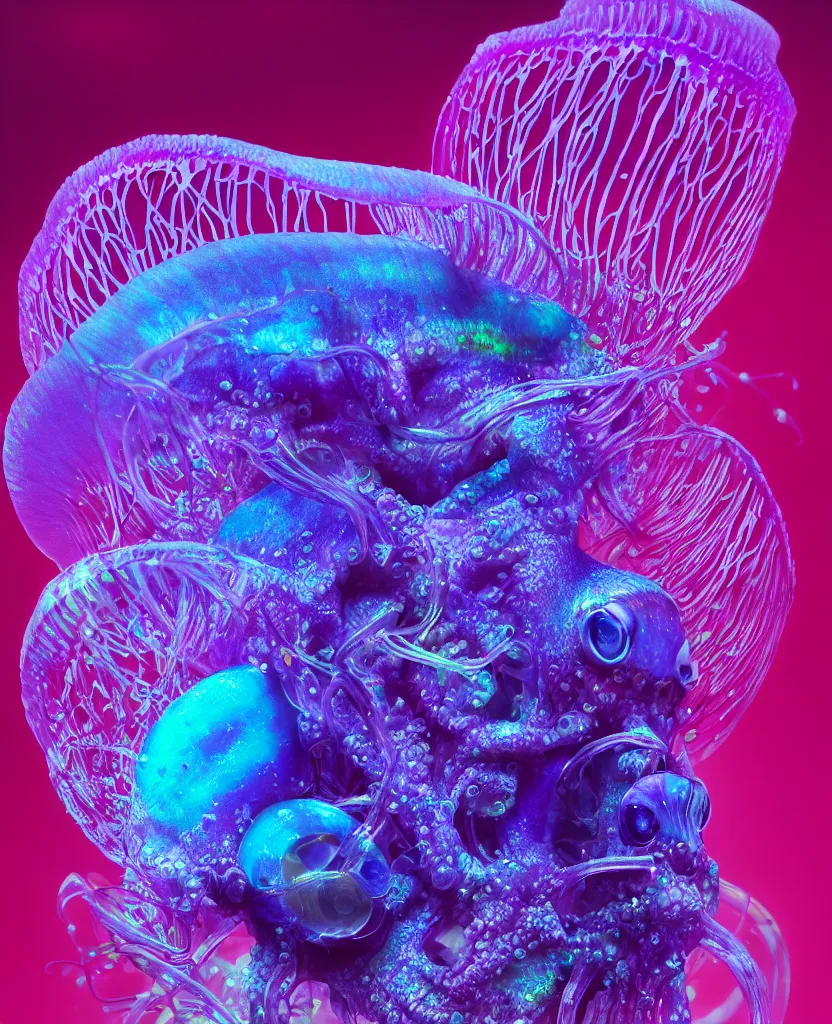 Image similar to close-up portrait. dichroic orchid jellyfish skull, betta fish, bioluminiscent creatures, intricate artwork by Tooth Wu and wlop and beeple. octane render, trending on artstation, greg rutkowski very coherent symmetrical artwork. cinematic, hyper realism, high detail, octane render, 8k