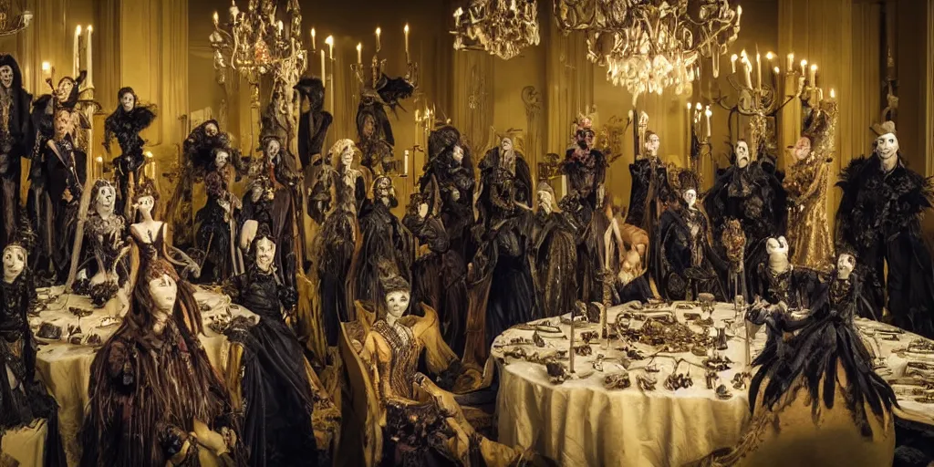 Image similar to photo taken of an epic intricate, ultra detailed, super realistic stop motion puppets of a majestic gracious regal aristocratic vampires in an indoor banquet hall filmset created by weta workshop directed by tim burton, menacing, wide angle, moody full body shot, photorealistic, sharp focus, gloomy, extremely cold blueish colour temperature, 3 5 mm, f 1. 4