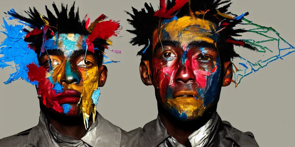 Image similar to a perfect bust of Jean-Michel Basquiat made out of crumpled colored foil, 3D cinematic lighting, spotlight at a 90 DEGREE ANGLE, photorealism, octane render, depth of field, 8k, 35mm, artgem, Trending on artstation