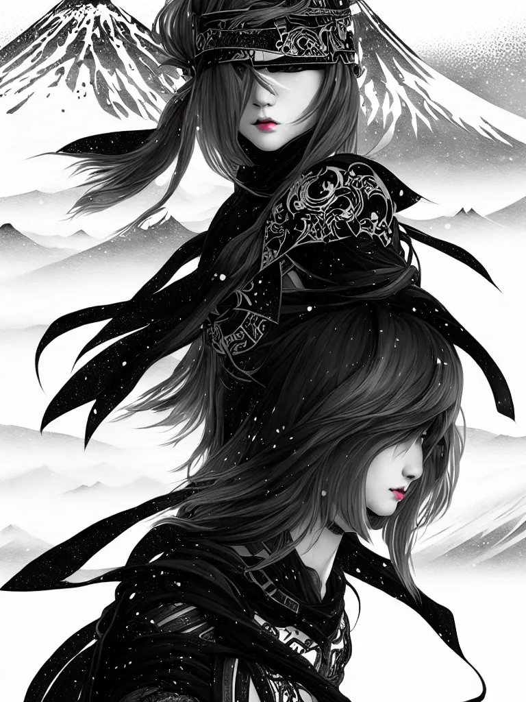 Image similar to portrait ninja gaiden girl, black plus white ninja wardrobe, at snowy fuji mountain sunrise, ssci - fi and fantasy, intricate and very very beautiful, detailed, digital painting, artstation, concept art, smooth and sharp focus, illustration, art by tian zi and wlop and alphonse mucha