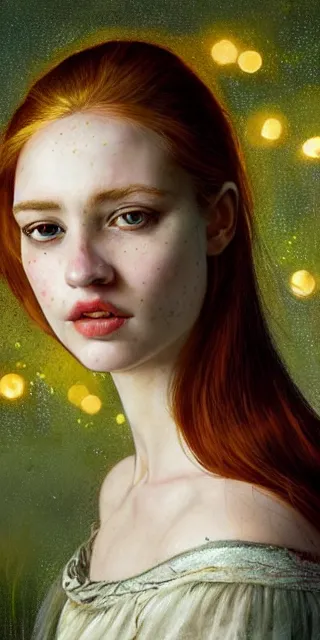 Image similar to a totally enchanted young woman surrounded by golden firefly lights in a mesmerizing scene, sitting amidst nature fully covered, intricate detailed dress, long loose red hair, precise linework, accurate green eyes, small nose with freckles, smooth oval head, expressive emotions, hyper realistic ultrafine portrait by artemisia gentileschi, jessica rossier, artgerm