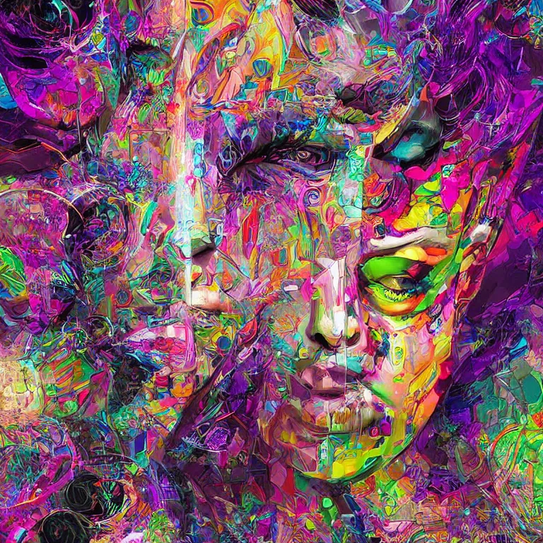 Image similar to hyper-maximalist overdetailed half portrait half collage slightly abstract pesudofigurative digital illustration by archan nair feat hakan hisim inspired by works of android jones. Pschedelic visionary artwork.