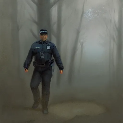 Prompt: kim kardashian as a cop, police uniform, face portrait, scared emotion, haunted forest with ufo sitting in the distant fog, pretty, aesthetic, dust molecules, matte detailed photo, DeviantArt, Artstation, by donato giancola, ralph horley, loish, ufo lighting