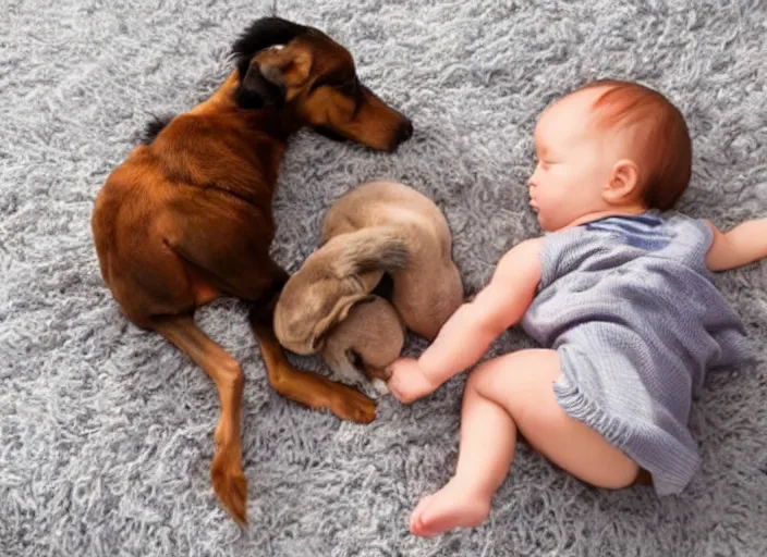 Prompt: baby and dog playing together
