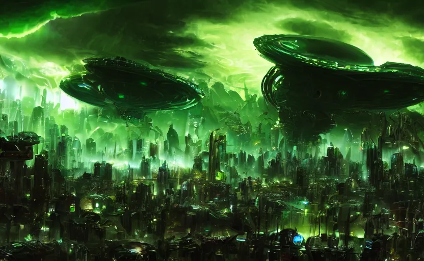 Prompt: an alien mothership crashlands into a sprawling metropolis, gigantic green explosions of energy, digital painting masterpiece, concept art, 4 k wallpaper, beautiful, advanced lighting technology, intense cinematic quality