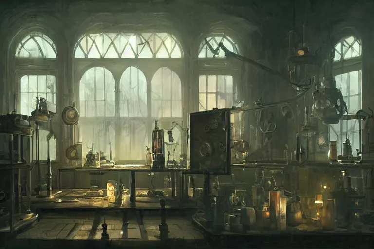 Prompt: a dark steampunk laboratory interior with strange artifacts inside display cases in the late evening with dusty atmosphere lit only by one window, painting 3D by Greg Rutkowski