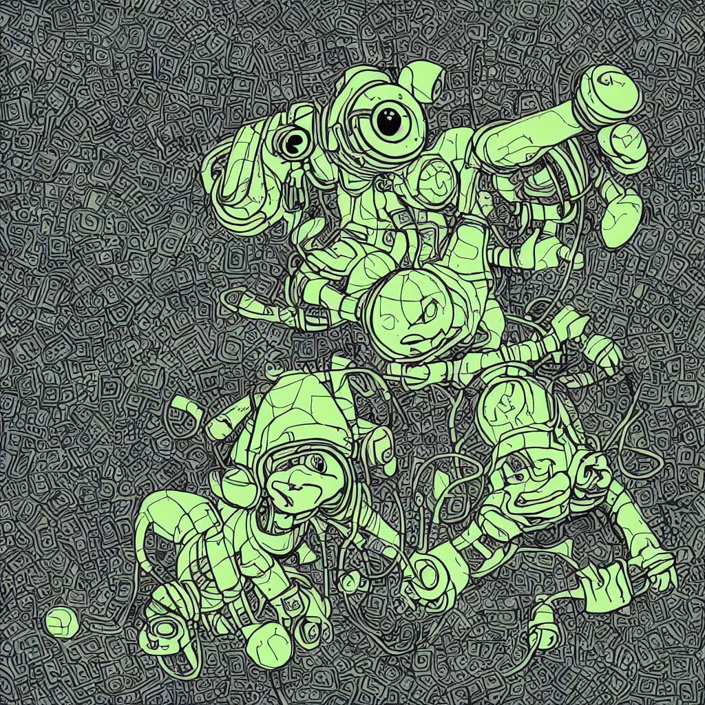 Image similar to toad wearing headphones, ryuta ueda artwork, breakcore, style of jet set radio, y 2 k, gloom, space, cel - shaded art style, sacred geometry, data, minimal, code, cybernetic, dark, eerie, cyber