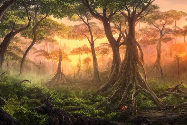 Prompt: the forest during a beautiful sunset, jungle mountains in the background with huge incredibly immense trees, highly detailed, trending on art station, flying birds in the distance, ancient forest like fanal forest or fangorn forest, realistic painting, sharp image, jurassic image