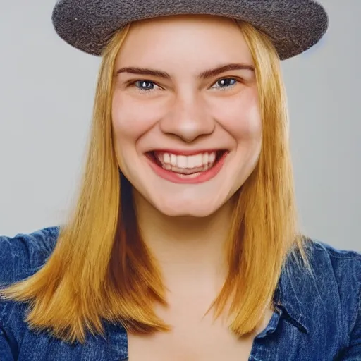 Prompt: portrait of a smiling 2 0 - year - old woman with angle lost profile looking away, medium yellow blond hair, character with a hat, hair comes out of the hat a little