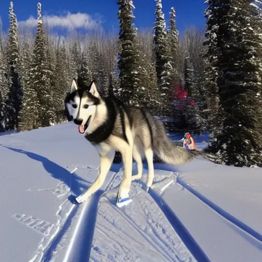 Prompt: a very very tall husky skiing