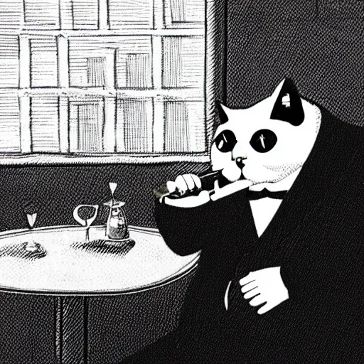 Image similar to a very fat and judgmental cat wearing a full tuxedo, smoking a pipe, sitting in a dimly lit parlor lounge, photograph