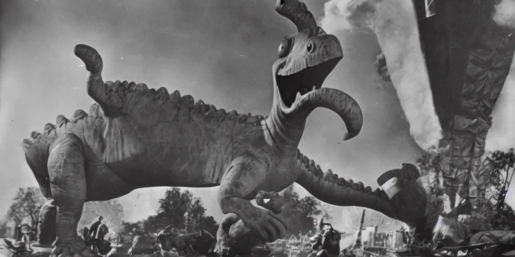 Prompt: Barney the dinosaur in 1945