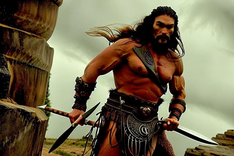 Image similar to 7 0 mm film still from conan the barbarian, jason momoa as conan with a giant sword wearing ornate dragon armor in the wet tombs of medusa skulls and snakes, cinematic, volumetric lighting, mist, wet skin and windblown hair, muscular!!!, heroic masculine pose, ridley scott