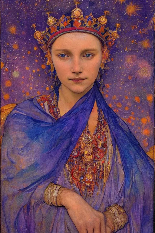 Image similar to the starry queen, by Annie Swynnerton and Nicholas Roerich, elaborately costumed, rich color, dramatic cinematic lighting, smooth, sharp focus, extremely detailed