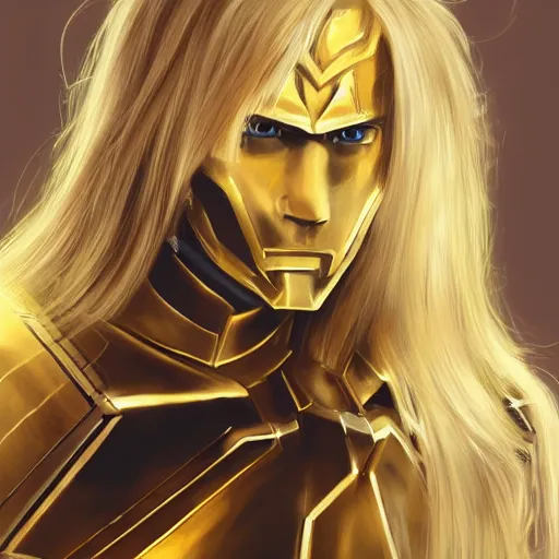 Prompt: a man wearing golden armor, blonde, long hair, pixiv, hyperrealistic