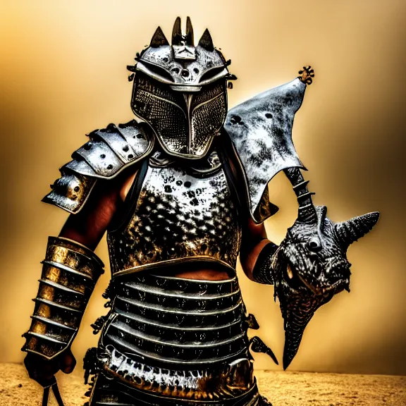 Image similar to photo of a warrior with metal crocodile theme armour, 4 k, hdr, smooth, sharp focus, high resolution, award - winning photo