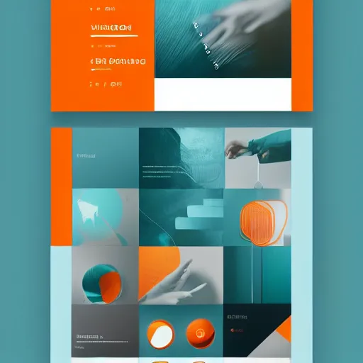 Image similar to modern UI/UX icons for an artistic website, teal and orange colour palette, layout design, template sheet