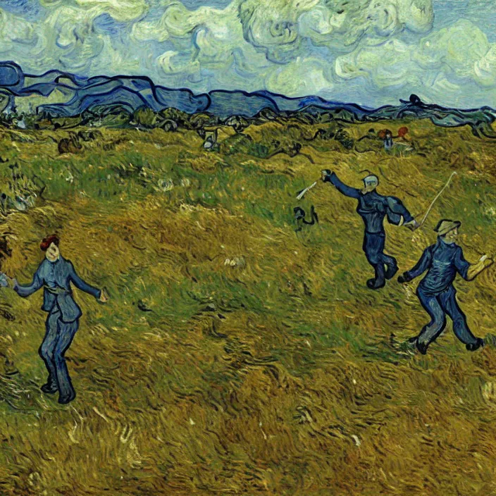 Image similar to adult man and woman playing on the open moorland, painting by van gogh