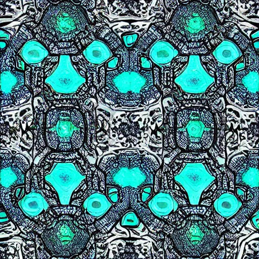 Prompt: multi faceted blue and emerald crystal formation with black and white tendrils of smoke wrapped around, recursive, tessellation