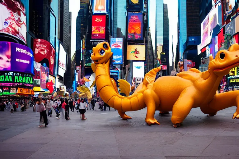 Image similar to closeup potrait of dragonite in times square, natural light, sharp, detailed face, magazine, press, photo, Steve McCurry, David Lazar, Canon, Nikon, focus