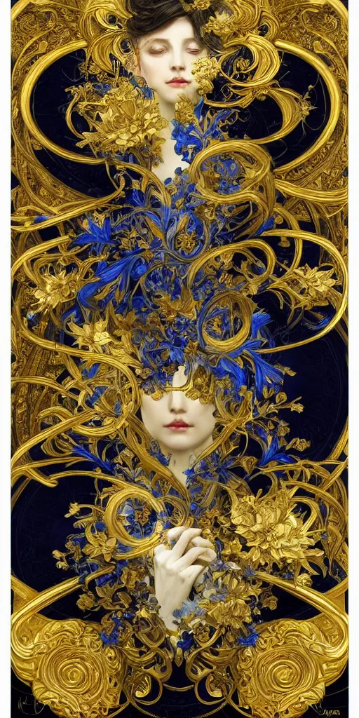 Prompt: black blue yellow, complicated gold and blue flowers the baroque style decoration, dark fantasy, intricate, elegant, highly detailed, digital painting, artstation, concept art, matte, 3 d 8 k octane rendered, sharp focus, illustration, octane rendered, art by artgerm and alphonse mucha, leesha hannigan