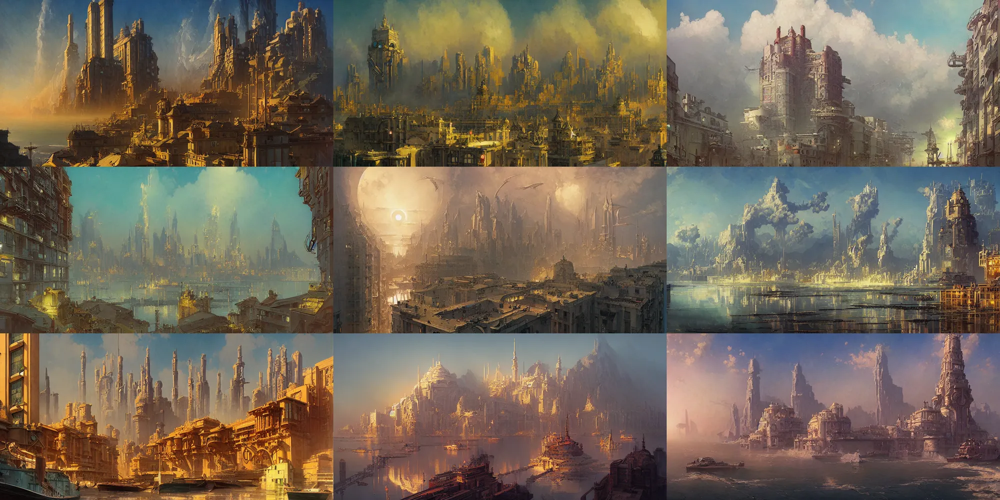 Prompt: port city, art deco architecture, fantasy, art by joseph leyendecker, reza afshar, peter mohrbacher, ivan aivazovsky, ferdinand knab