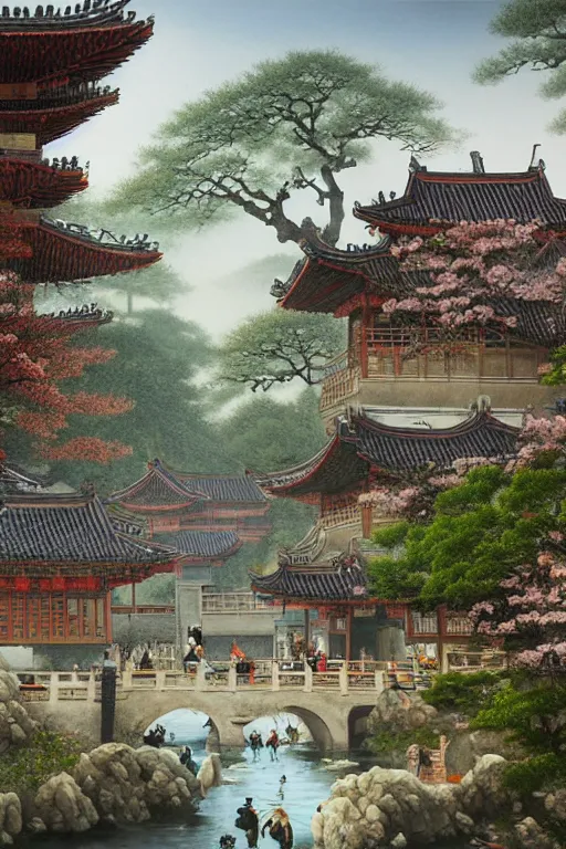 Image similar to a street in a ancient chinese characteristics. it has a high degree of fantasy. cherry blossom forest, there are pavilions in the air, koi jumping in the air, and fairy birds and animals such as cranes and deer coexist with people. it is the life scene of the ancient people, a detailed matte painting by christophe vacher and albert bierstadt