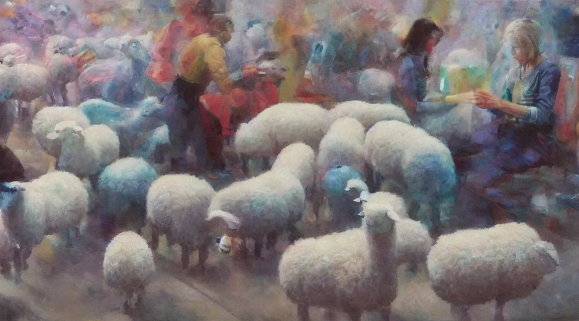 Image similar to do the androids dreams with electric sheeps, Philip K. D. ,oil painting, illustration style