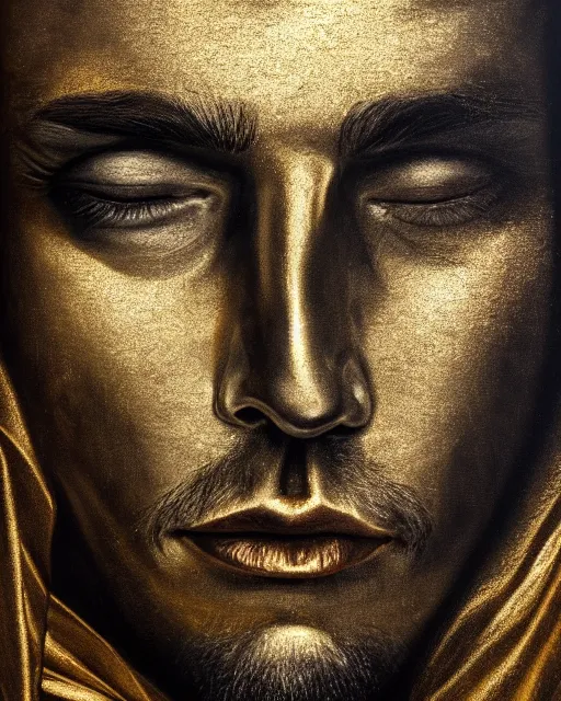 Image similar to realistic portrait of a dead man, dark, gold, silver ornaments, facing camera, photo realistic, detailed, 1 4 5 0, delicate, hyper realism, ultra realistic, 8 k