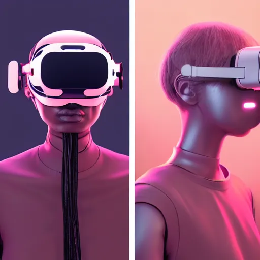 Image similar to intense futuristic bespoke vr headset respirator with long cables like dreadlocks on a set of twin humble hypebeasts, by ilya kuvshinov and james jean and sorayama and ikeuchi and hyein seo and hiroya oku and gilleard james, artstation trending, 8 k, 3 d render, photorealistic, volumetric lighting caustics, pink