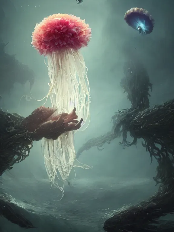 Image similar to a fancy portrait of a giant floating flower and jellyfish by Greg Rutkowski, Sung Choi, Mitchell Mohrhauser, Maciej Kuciara, Johnson Ting, Maxim Verehin, Peter Konig, Bloodborne, beeple, 8k photorealistic, cinematic lighting, HD, high details, atmospheric , trending on artstation. made in Maya, Blender and Photoshop, octane render, excellent composition, cinematic dystopian brutalist atmosphere, dynamic dramatic cinematic lighting, aesthetic, very inspirational, arthouse. y Greg Rutkowski, Ilya Kuvshinov, WLOP, Stanley Artgerm Lau, Ruan Jia and Fenghua Zhong