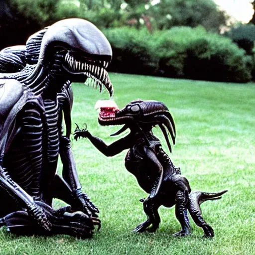 Image similar to a xenomorph from the movie alien eating a small dog in a suburban backyard. Production photograph from 90s film.