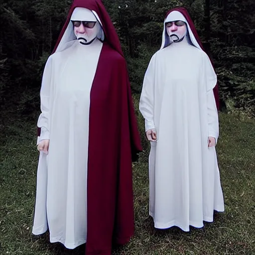 Prompt: terrifying photo,two Hovering twin nuns, wearing pointed hoods, buxom chested, blindfolded, wearing translucent veils, see through dress, Very long arms, bedroom, wood door, eerie, frightening, highly detailed, photorealistic, colorized —width 1024 —height 1024