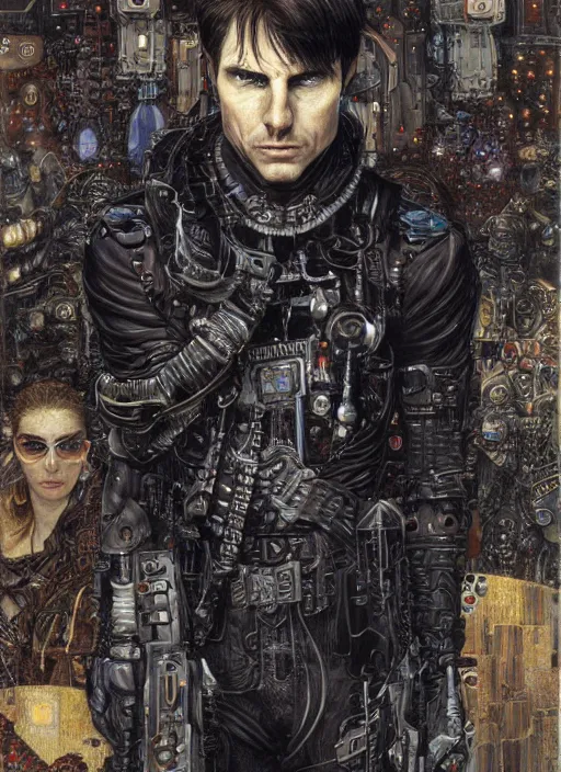 Image similar to portrait of gothic Tom Cruise, cyberpunk, Warhammer, highly detailed, artstation, illustration, art by Gustav Klimt and Range Murata and Katsuya Terada