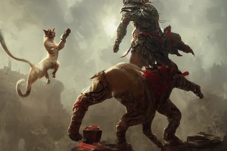 Prompt: a muscular tunisian man fighting a cat wearing crown, digital painting, volumetric light, intricate, sharp, focus, bloom, illustration, highly detailed, concept art, matte, ruan jia, randy vargas, greg rutkowski