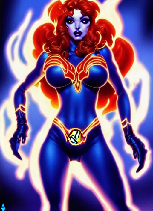 Image similar to front portrait hands behinds pose of attractive Starfire with ginger wavy hair using white gloves, hands behind her pose!, Intricate overlay flames imagery , D&D!, fantasy style, sharp focus!, ultra detailed, art by Artgerm and Peter Andrew Jones, WLUP