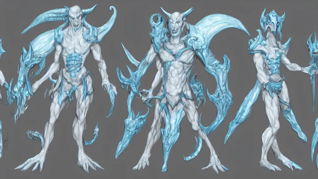 Image similar to a fantasy white and pale blue draconian demon with bright eyes character design sheet, trending on artstation