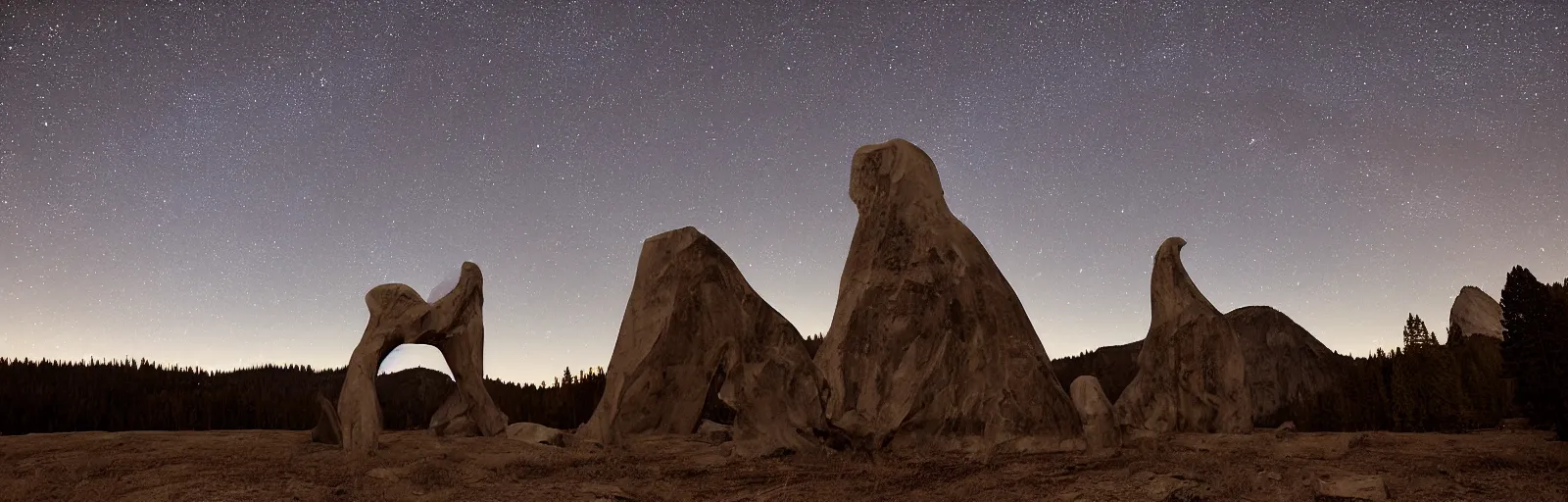 Image similar to to fathom hell or soar angelic, just take a pinch of psychedelic, medium format photograph of two colossal minimalistic necktie sculpture installations by antony gormley and anthony caro in yosemite national park, made from iron, marble, and limestone, granite peaks visible in the background, taken in the night