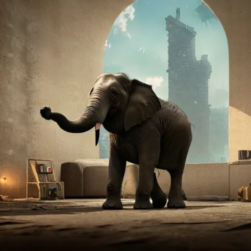 Prompt: An elephant , in a room, in a post apocalyptic setting, ghibli, unreal 5, DAZ, hyperrealistic, octane render, RPG portrait, dynamic lighting