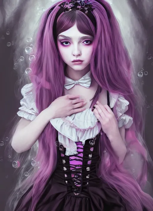 Prompt: beautiful gothic lolita girl portrait, dreamy and ethereal, expressive pose, big eyes, tender expression, exciting, fantasy, intricate, elegant, many rainbow bubbles, pink tones, purple, very detailed, digital painting, artstation, concept art, cyberpunk wearing, soft, sharp focus, illustration, art by artgerm and greg rutkowskiand alphonse much