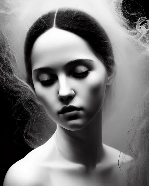 Image similar to monochrome, dreamy, subsurface scattering, white, young beautiful goddess in cosmos with very long white hair floating in air, fluid smoke art, black and white, octane render, dino valls, mark ryden, joe fenton, michal karcz, highly detailed, rim light, art, cinematic lighting, very coherent, hyper realism, 8 k