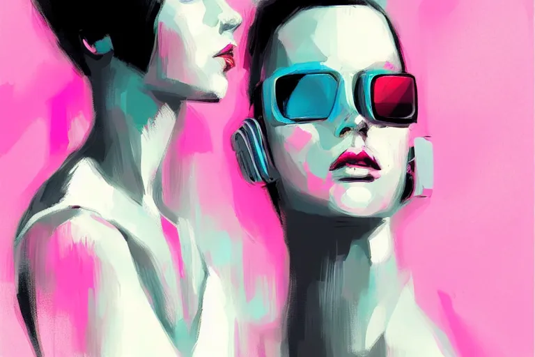 Image similar to vintage minimal figurative beautiful colorful, Cedric Peyravernay figurative art, cyber punk minimal female dj figure art, soft colors mono chromatic, colors on white background, abstract