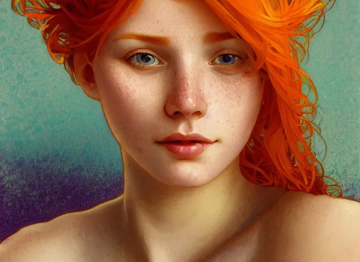 Prompt: portrait of a beautiful smiling girl with orange hair and freckles, green eyes, highly detailed, digital painting, concept art, smooth, sharp, focus, background is purple, trending on deviantart, alphonse mucha