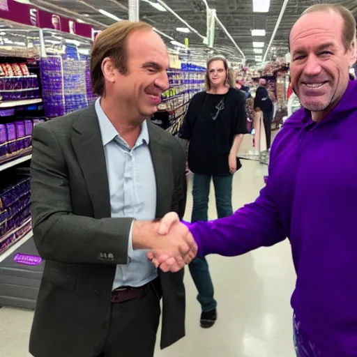 Image similar to saul goodman shaking hands with purple thanos at a walmart