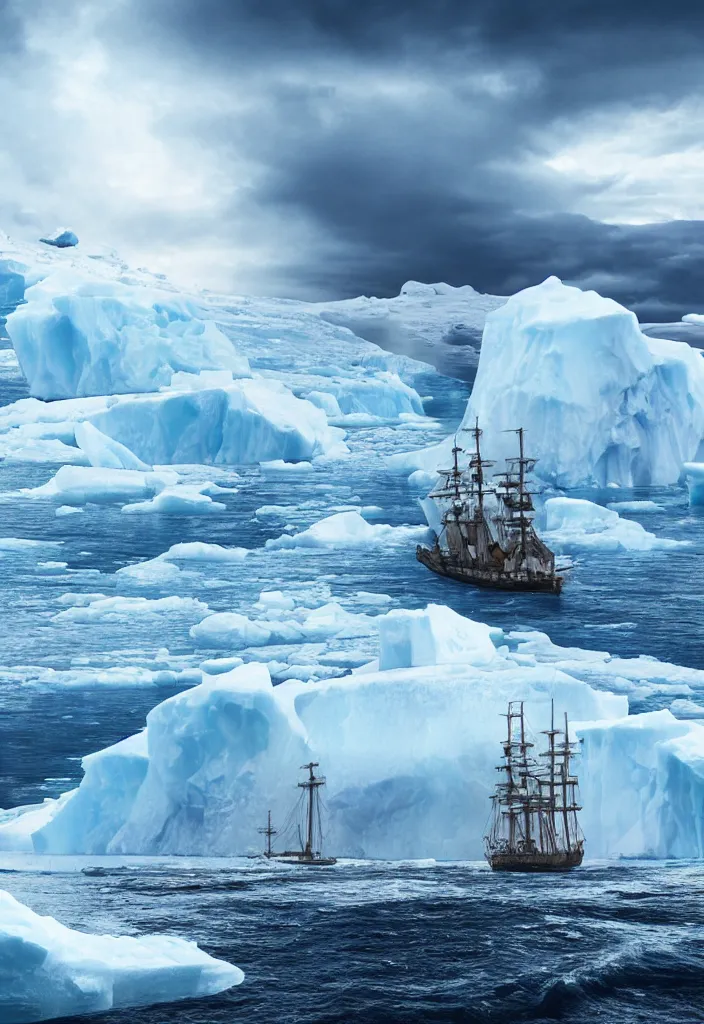 Image similar to ship being persecuted by a police ship over raging turbulent waters in antartica, icebergs in the background, hyper realistic, highly detailed, digital art, apocalyptic, intimidating lighting, raytracing, sharp focus, smooth, romanticism